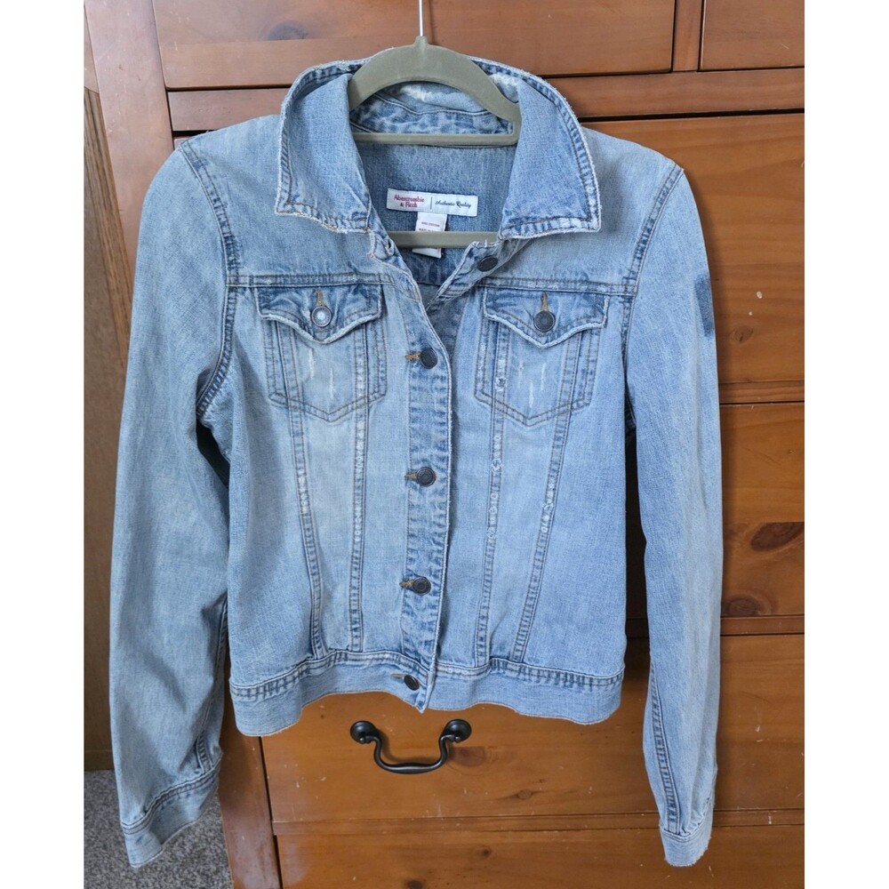 Abercrombie & Fitch Size Large Distressed Denim Jean Jacket Y2K Grunge Buttons